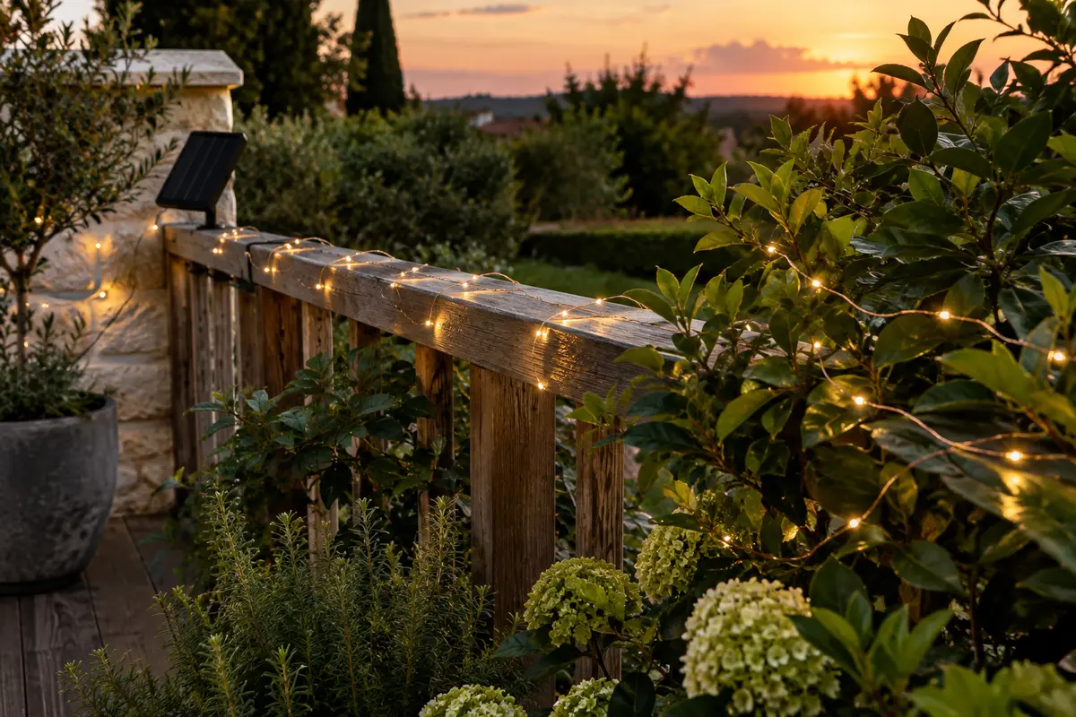 Deux guirlandes solaires blanc chaud disposées sur une rambarde et dans le feuillage d’une terrasse.