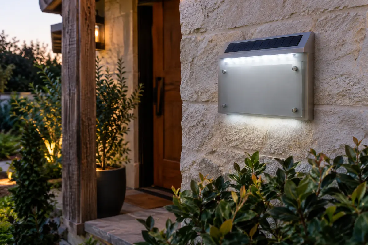 Plaque d’adresse solaire en acrylique mat fixée sur une façade en pierre, avec éclairage LED blanc froid.