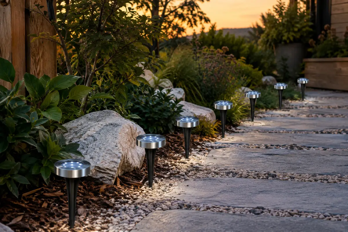 Huit spots solaires en acier inoxydable balisent une allée de jardin au crépuscule.