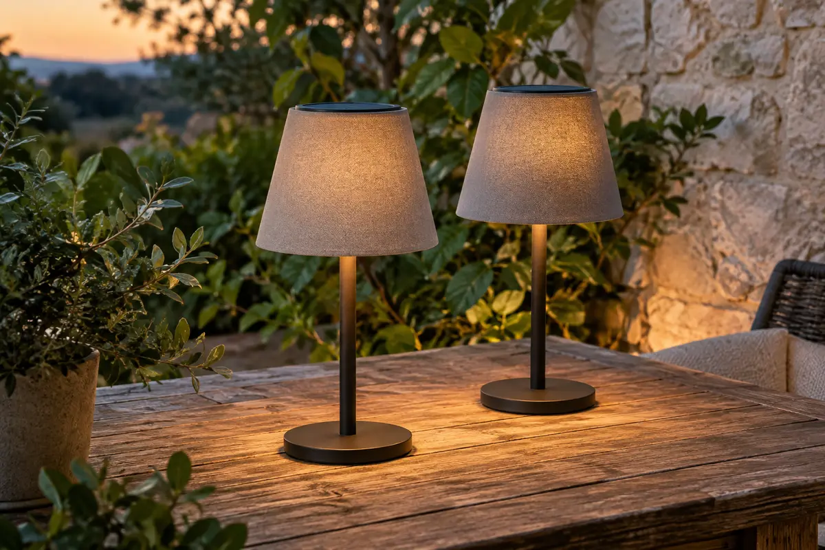 Deux lampes de table solaires à pied noir et abat-jour gris éclairent une terrasse au crépuscule.