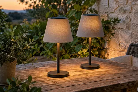 Deux lampes de table solaires à pied noir et abat-jour gris éclairent une terrasse au crépuscule.