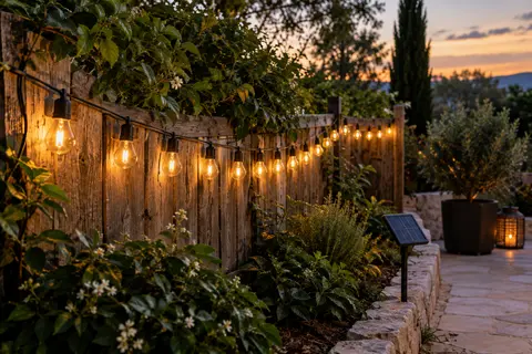 Guirlande solaire à 16 ampoules blanc chaud suspendue à une clôture de jardin au crépuscule