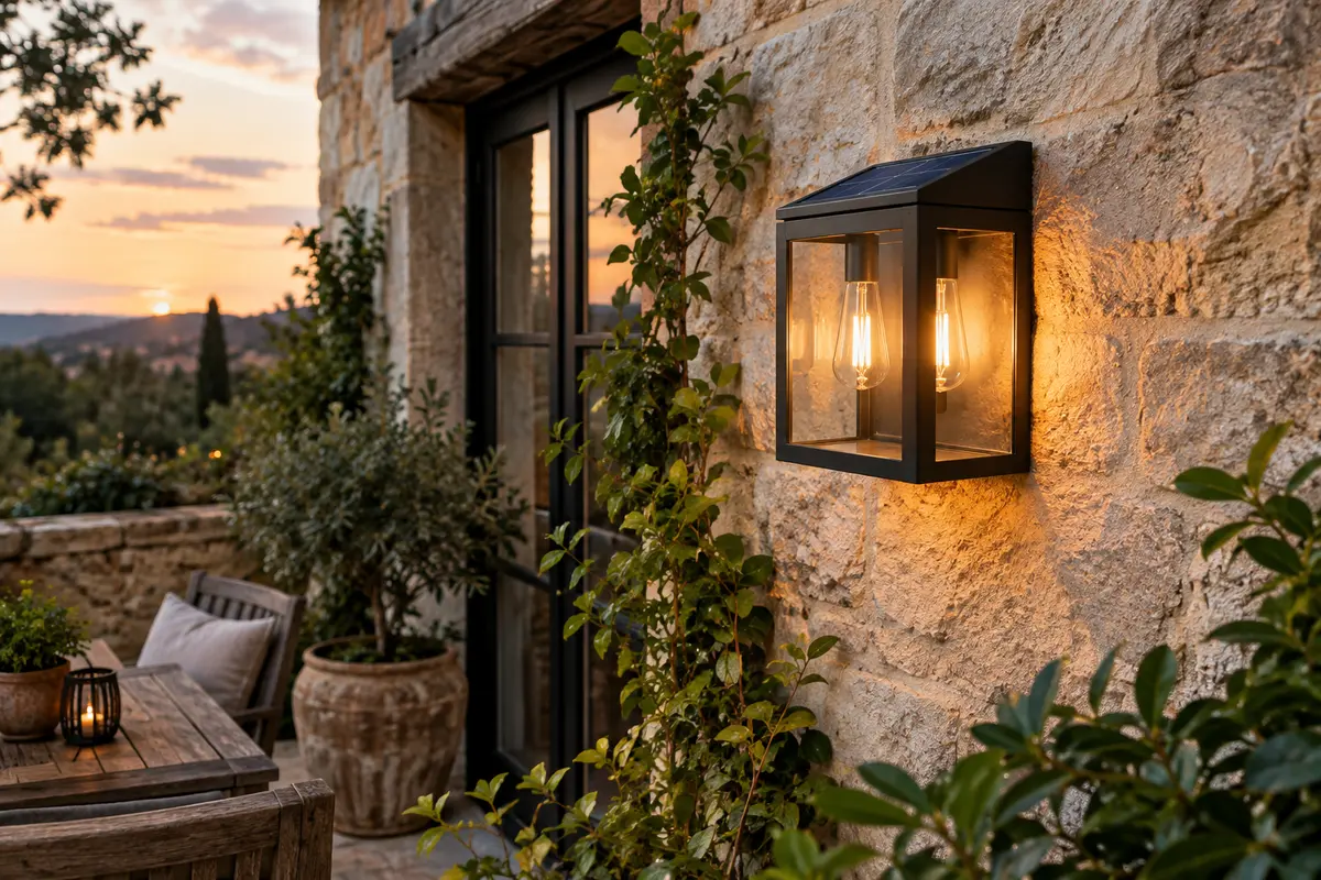 Applique solaire murale à deux ampoules fixée sur un mur de pierre près d’une terrasse au crépuscule