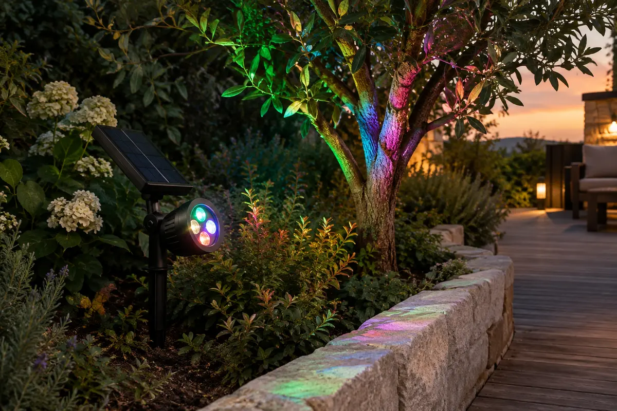 Spot solaire RGB à quatre LED installé au pied d’un arbre dans un jardin au crépuscule