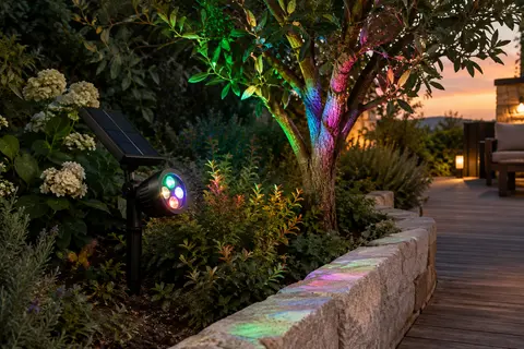 Spot solaire RGB à quatre LED installé au pied d’un arbre dans un jardin au crépuscule