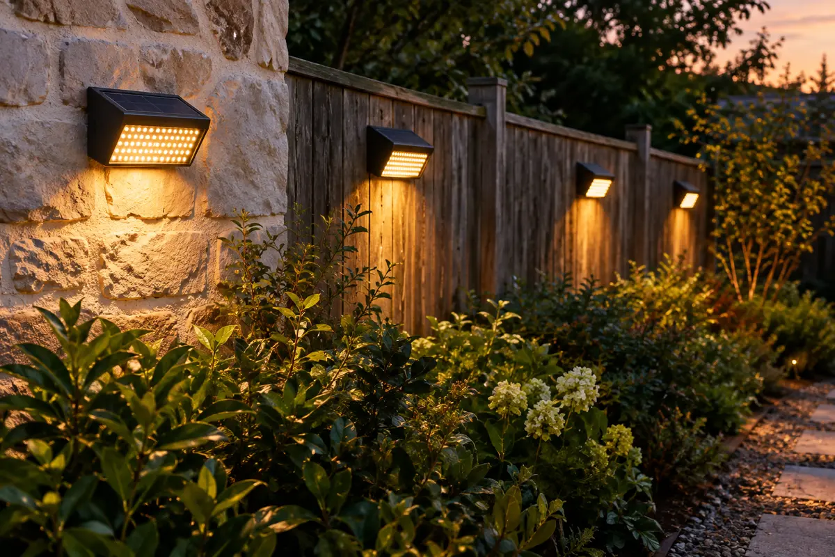 Quatre spots solaires muraux ferreux éclairent un mur de jardin et une clôture au crépuscule.