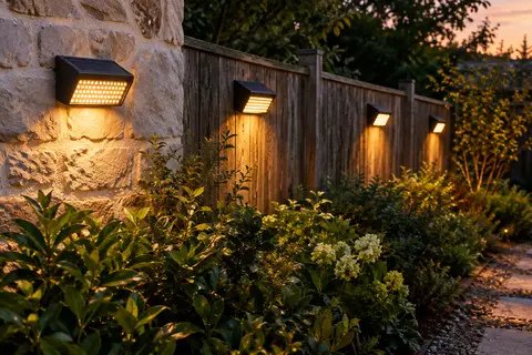 Quatre spots solaires muraux ferreux éclairent un mur de jardin et une clôture au crépuscule.