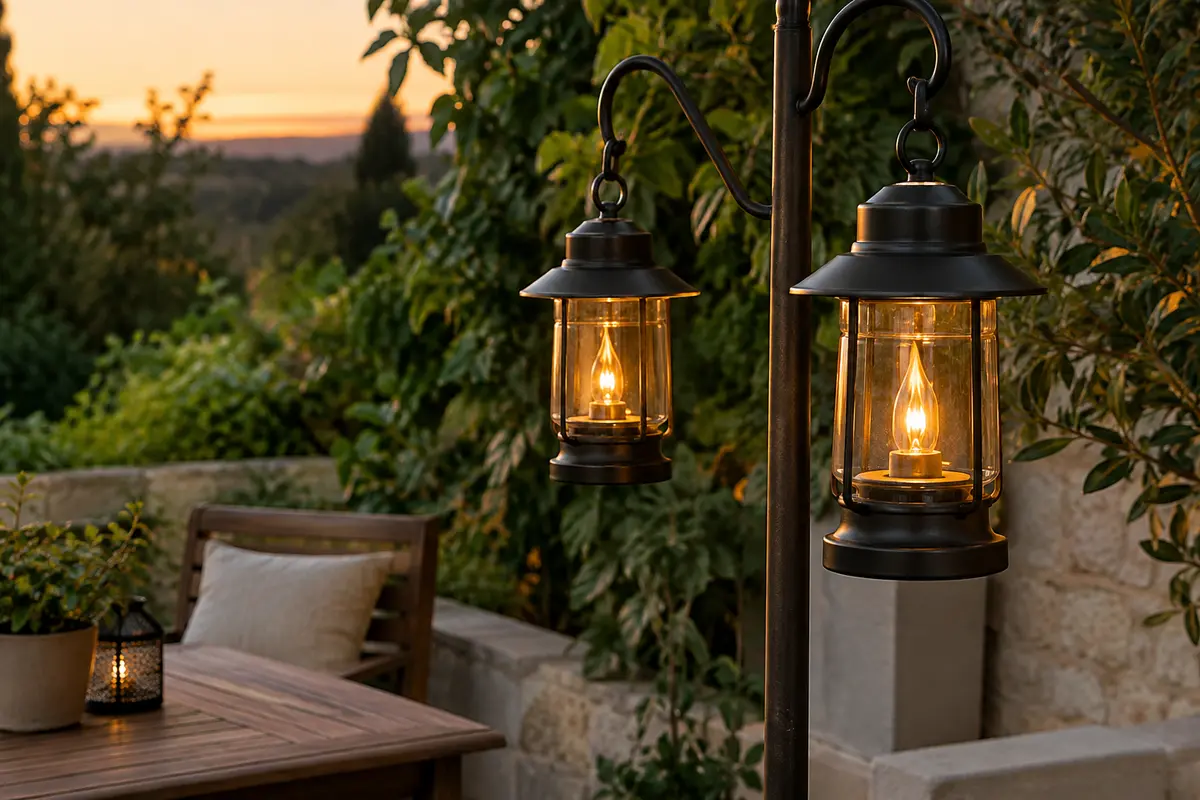 Deux lanternes solaires à effet flamme suspendues dans un jardin au crépuscule, près de feuillages et de pierre claire