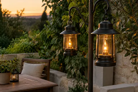 Deux lanternes solaires à effet flamme suspendues dans un jardin au crépuscule, près de feuillages et de pierre claire