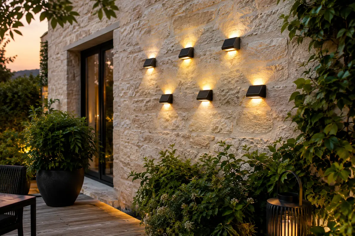 Six appliques solaires murales compactes éclairent un mur de pierre près d’une terrasse au crépuscule.
