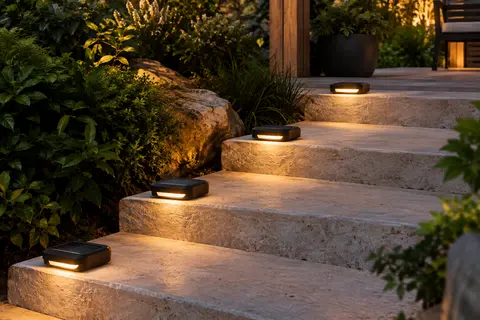 Quatre spots solaires blanc chaud balisent des marches en pierre dans un jardin au crépuscule.