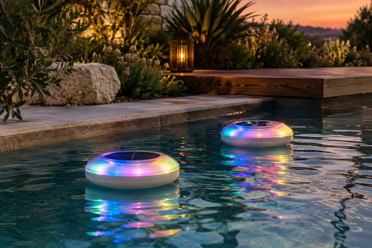 Deux lampes solaires flottantes multicolores éclairent la surface d’une piscine au crépuscule.