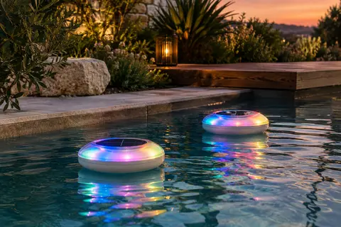 Deux lampes solaires flottantes multicolores éclairent la surface d’une piscine au crépuscule.