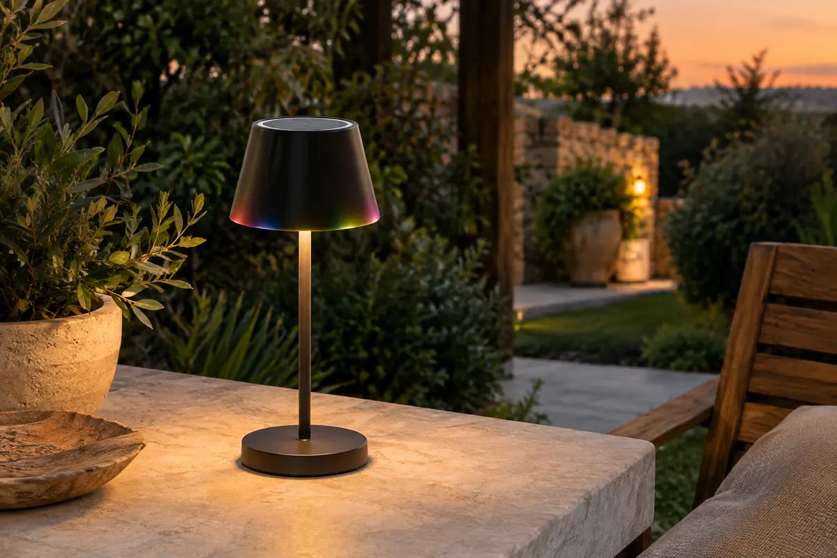 Lampe de table solaire en métal posée sur une terrasse, diffusant une lumière chaude au crépuscule