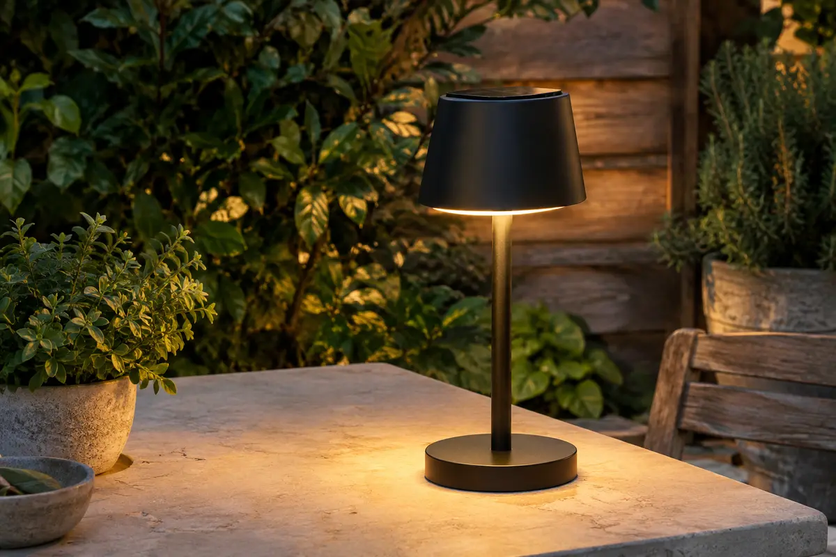 Lampe de table solaire noire diffusant une lumière blanc chaud sur une terrasse au crépuscule.