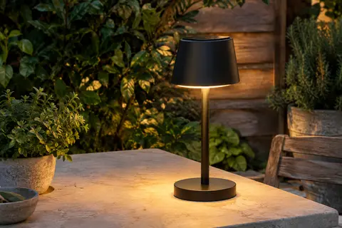 Lampe de table solaire noire diffusant une lumière blanc chaud sur une terrasse au crépuscule.