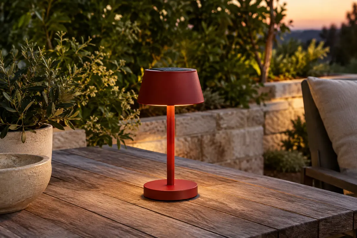 Lampe de table solaire rouge Eglo Simeri posée sur une table de terrasse au crépuscule.