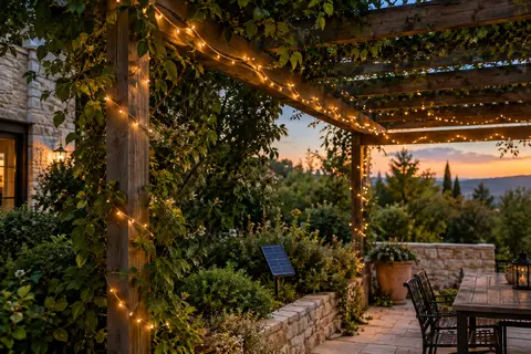 Deux guirlandes solaires blanc chaud décorent une pergola en bois dans un jardin au crépuscule.