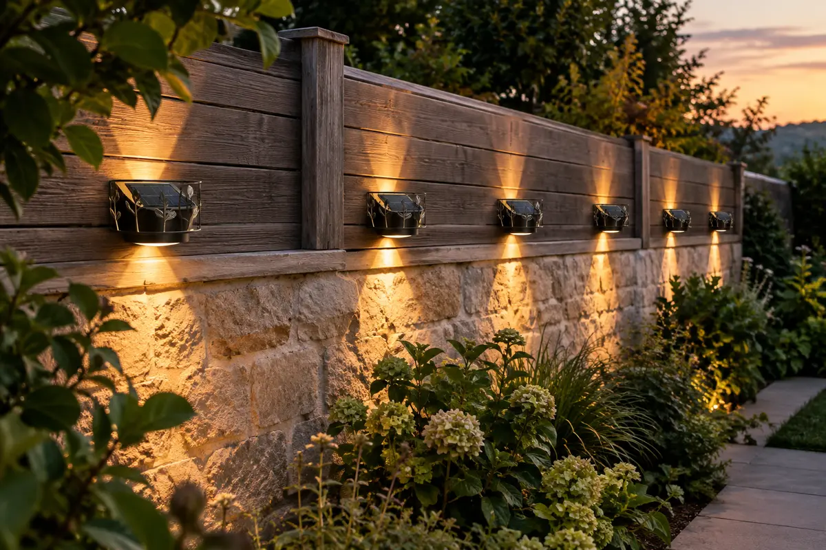 Six appliques solaires murales à double faisceau installées sur une clôture de jardin au crépuscule