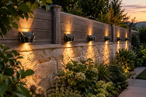 Six appliques solaires murales à double faisceau installées sur une clôture de jardin au crépuscule