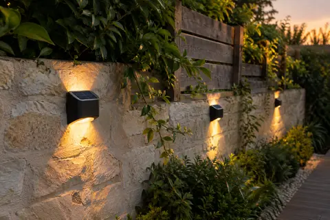 Quatre appliques solaires murales projettent des faisceaux vers le haut et le bas au crépuscule