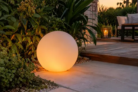 Boule solaire blanche à l’aspect dépoli, éclairée en couleur dans un jardin au crépuscule