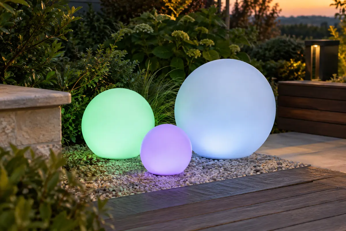 Trois boules solaires blanches de tailles différentes éclairent un jardin au crépuscule en plusieurs couleurs.