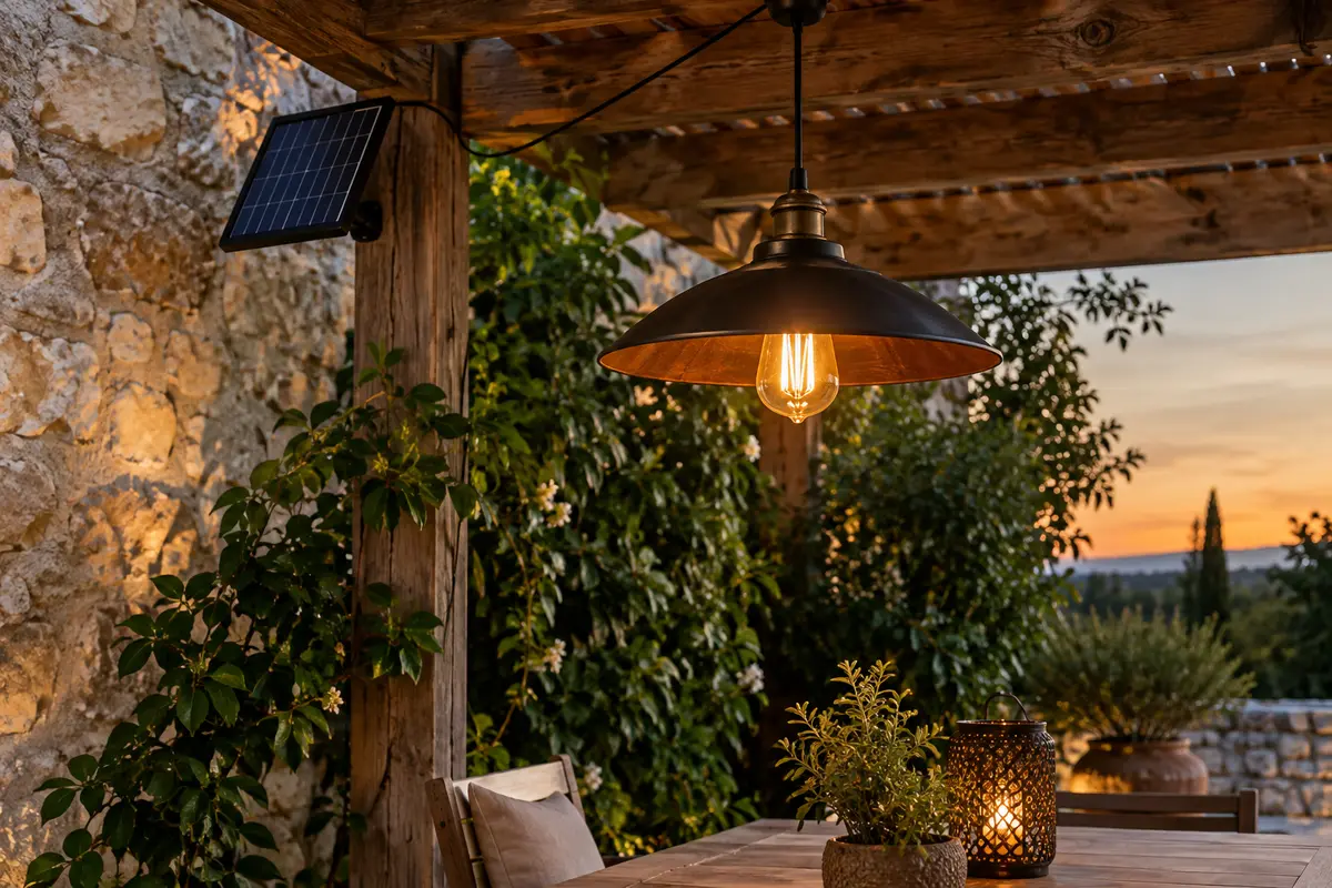 Suspension solaire métallique à ampoule blanc chaud sous une pergola, avec panneau solaire séparé à proximité.