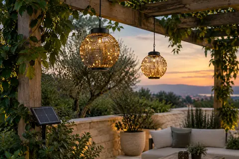 Deux suspensions solaires bohèmes en métal noir éclairent une terrasse sous une pergola au crépuscule.