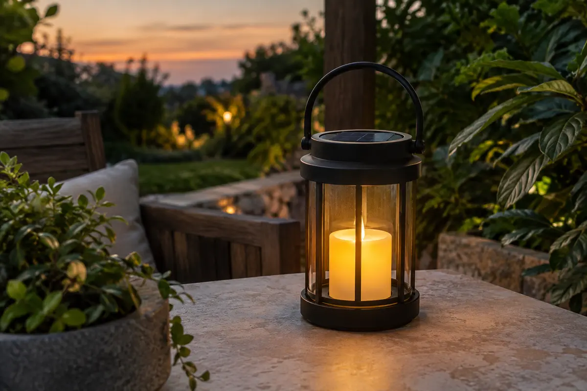 Lanterne solaire noire à bougie LED ambrée posée sur une table en pierre au jardin