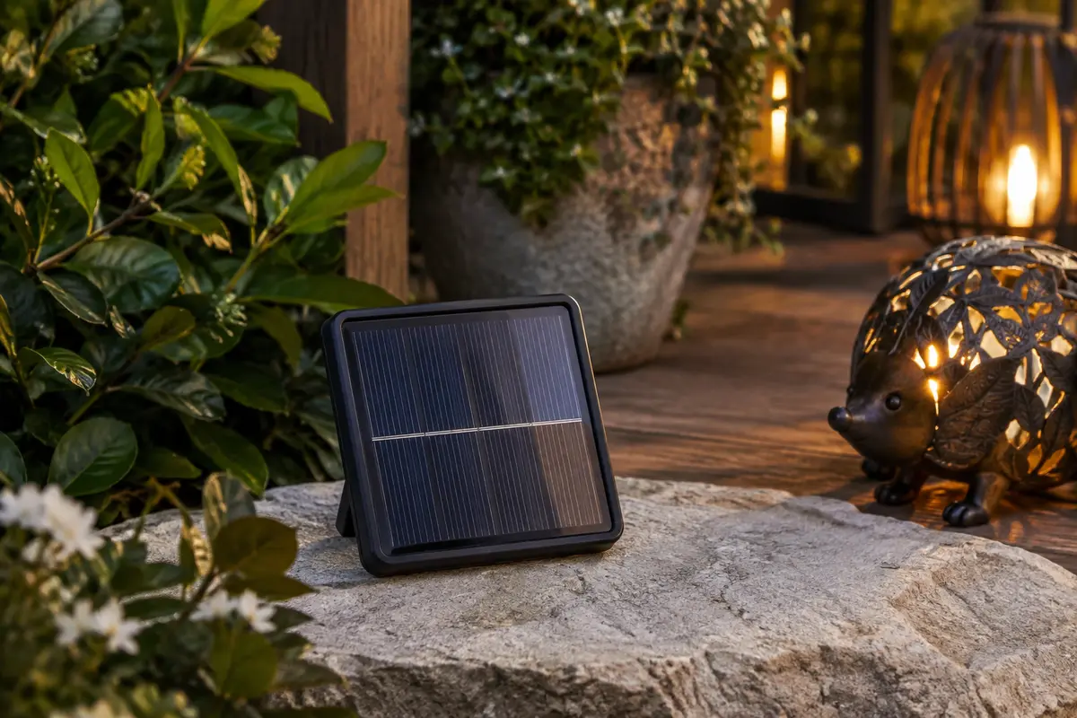 Panneau solaire de remplacement en plastique posé dans un jardin près d’une figurine décorative lumineuse