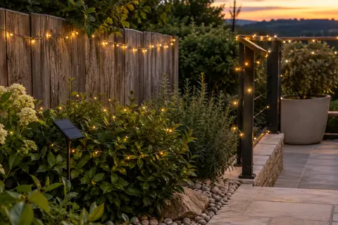 Deux guirlandes solaires blanc chaud sur une clôture de jardin, avec un panneau solaire au crépuscule.