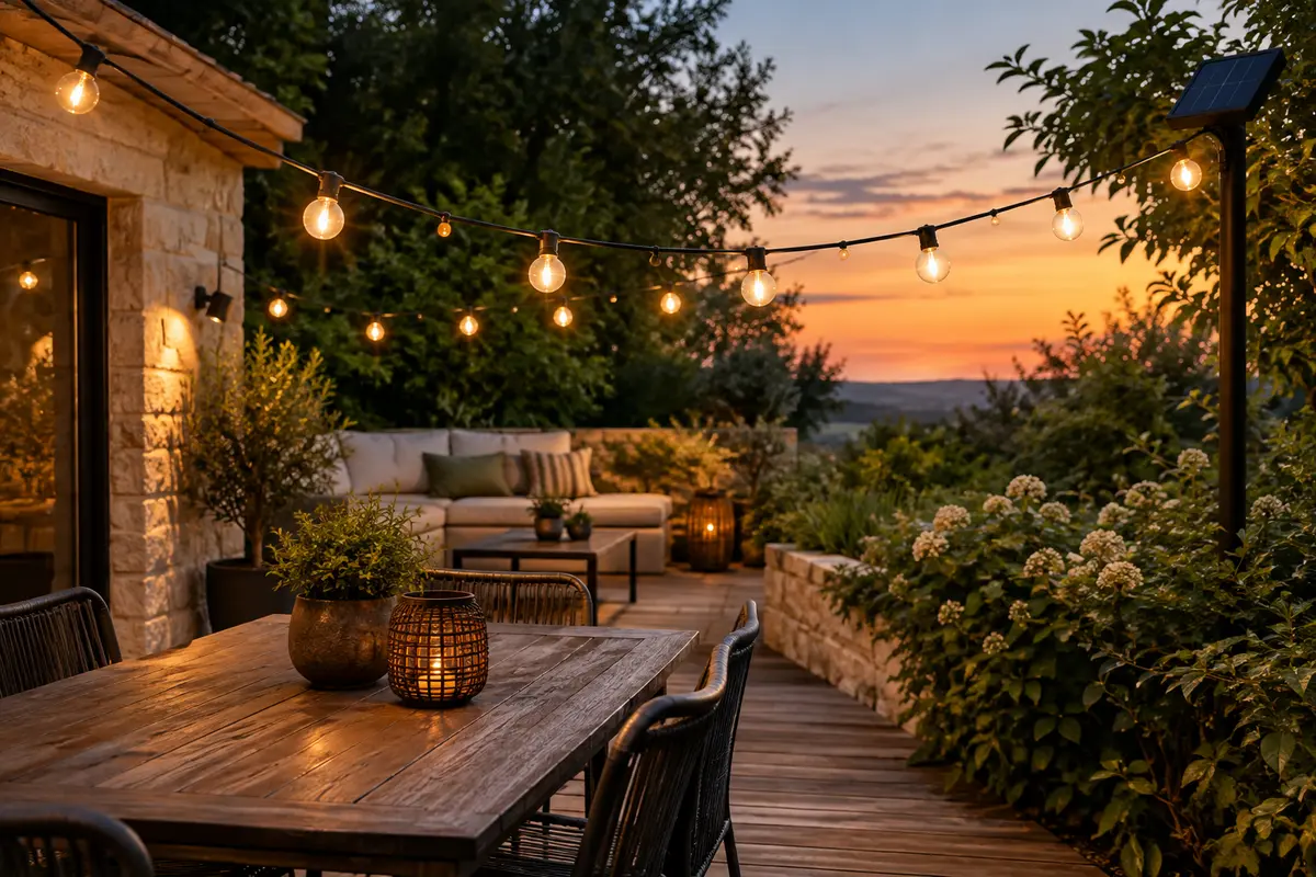 Guirlande solaire G40 à ampoules et LED suspendue au-dessus d’une terrasse de jardin au crépuscule.