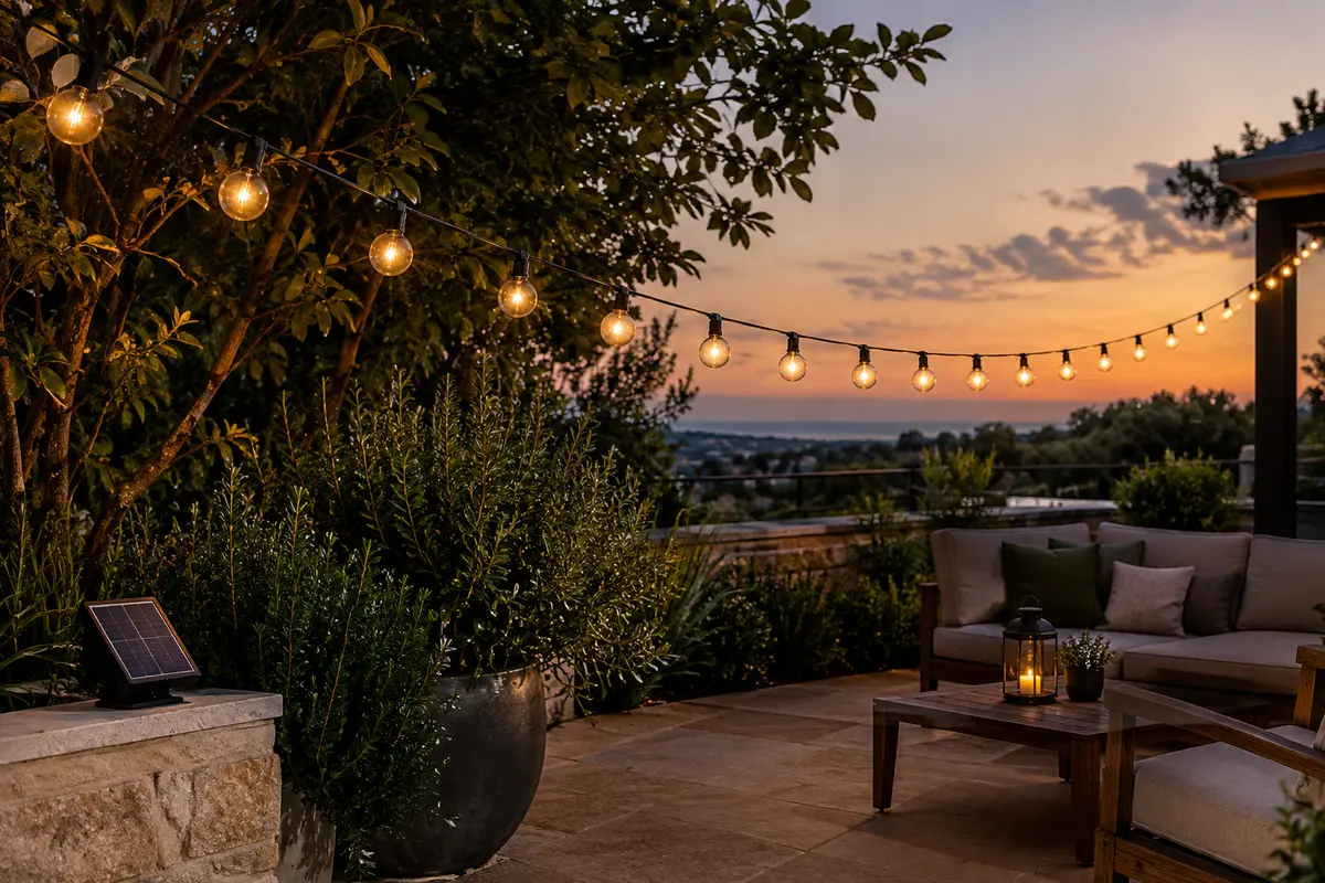 Guirlande solaire à ampoules G40 blanc chaud suspendue au-dessus d’une terrasse végétalisée au crépuscule.