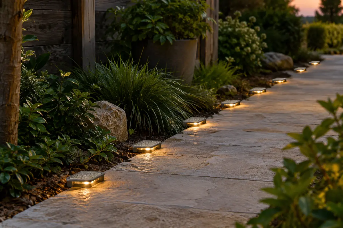 Dix spots solaires plats à motif pierre balisent une allée de jardin au crépuscule.
