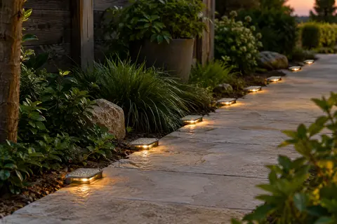 Dix spots solaires plats à motif pierre balisent une allée de jardin au crépuscule.