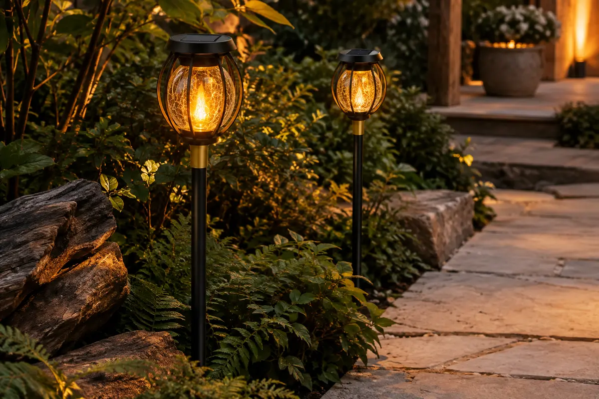 Deux lanternes solaires en métal à effet flamme éclairent une allée de jardin au crépuscule.