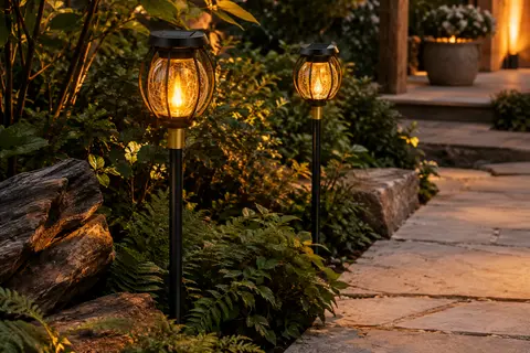 Deux lanternes solaires en métal à effet flamme éclairent une allée de jardin au crépuscule.