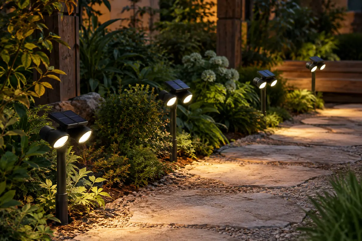 Quatre bornes solaires à double tête éclairent une allée de jardin en pierre au crépuscule
