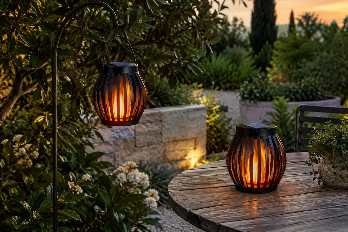 Deux lanternes solaires noires à effet flamme, l’une suspendue dans un jardin et l’autre posée sur une table.
