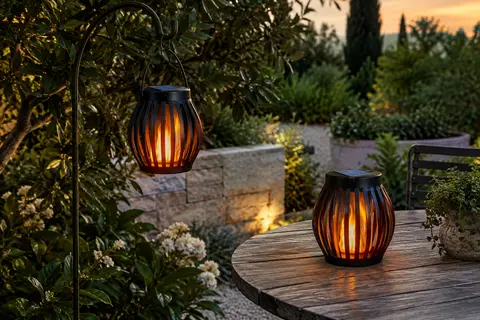 Deux lanternes solaires noires à effet flamme, l’une suspendue dans un jardin et l’autre posée sur une table.