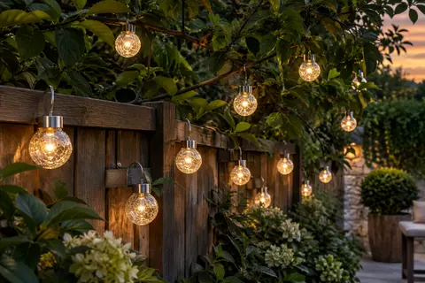 Douze boules solaires en verre craquelé suspendues dans un jardin au crépuscule
