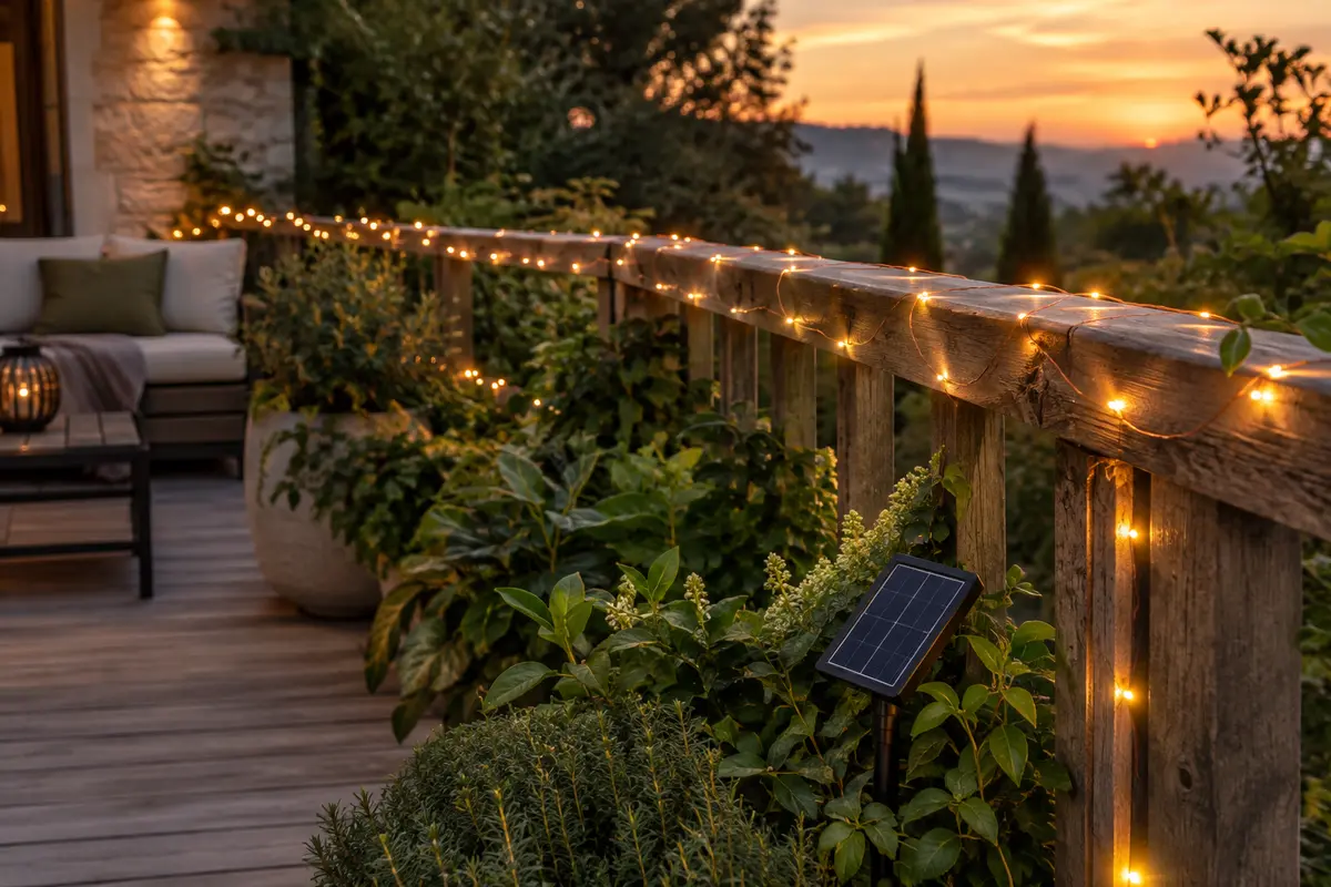 Deux guirlandes solaires à LED blanc chaud disposées le long d’une terrasse au crépuscule