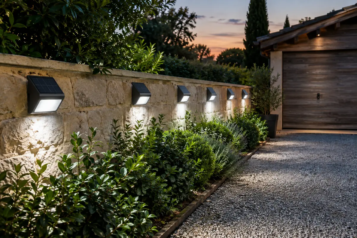 Six projecteurs solaires muraux éclairent une allée de jardin à la lumière du crépuscule.