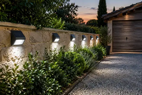 Six projecteurs solaires muraux éclairent une allée de jardin à la lumière du crépuscule.
