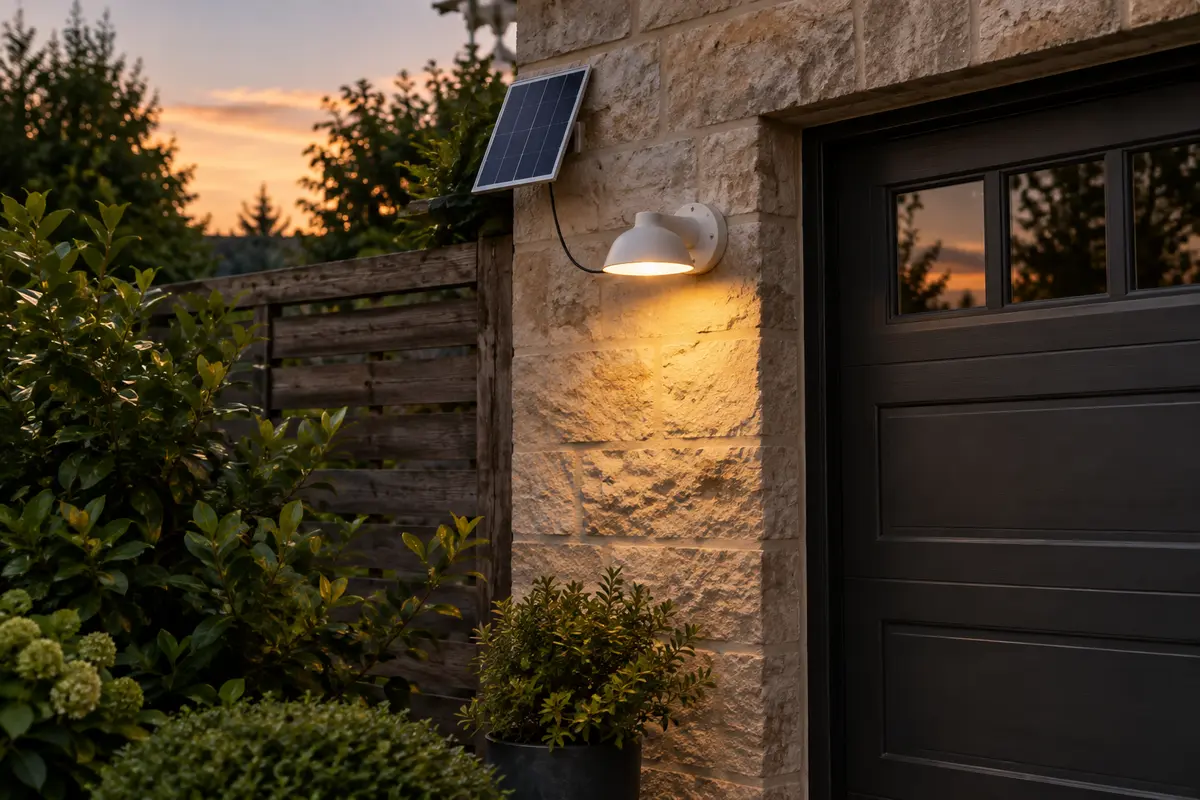Spot solaire mural blanc avec panneau séparé, installé près d’une porte de garage au crépuscule.