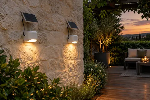 Deux spots solaires muraux blancs avec panneaux déportés éclairent un passage près d’une terrasse au crépuscule.