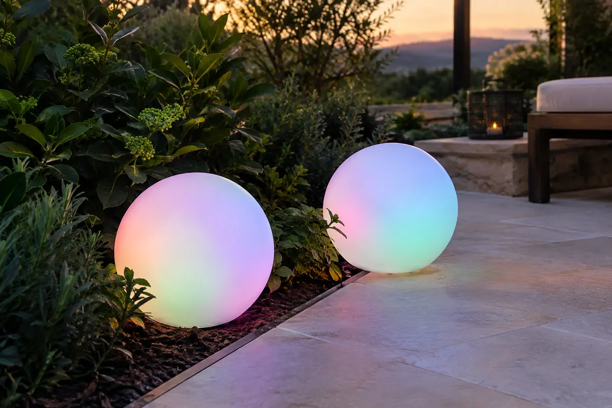 Deux boules solaires blanches diffusant une lumière colorée près d’un parterre au crépuscule