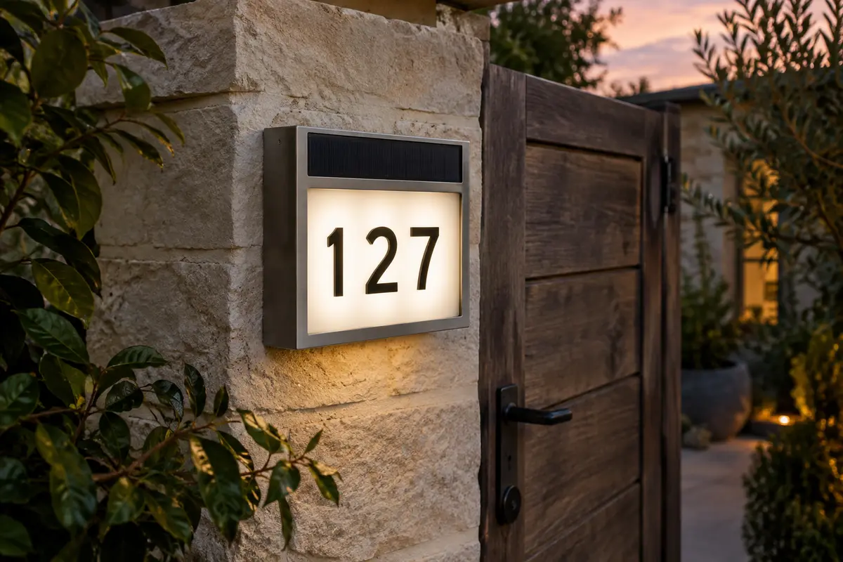 Plaque de numéro de maison en inox brossé sur un pilier en pierre, trois chiffres noirs se détachant sur sa face blanche lumineuse au crépuscule.