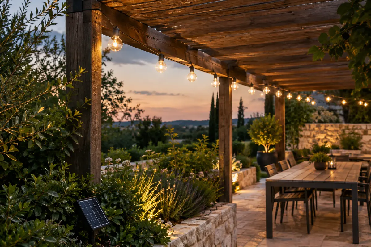 Guirlande solaire à ampoules G40 blanc chaud installée sur une pergola au crépuscule